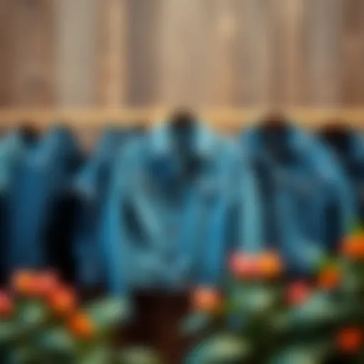 Versatile Blue Jean Jackets Display Stylish arrangement of affordable blue jean jackets on a rustic wooden background