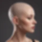 A model showcasing a bald cap with intricately styled hair on the sides