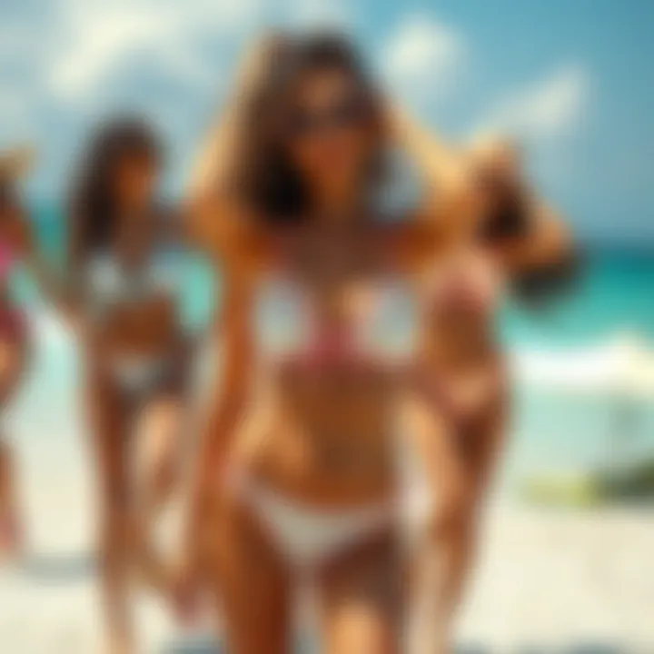 Confidence on the Beach in Shiny Bikinis A beach scene featuring individuals confidently wearing shiny bikinis
