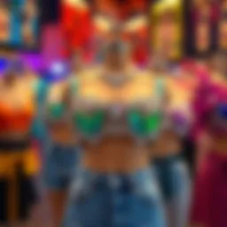 A vibrant display of bling crop tops in various styles and colors