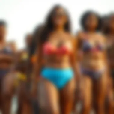 Group of diverse individuals showcasing body positivity in high rise string bikinis.