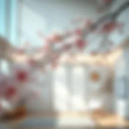 A serene cherry blossom branch gracefully arching over a minimalist room, enhancing the tranquil atmosphere.
