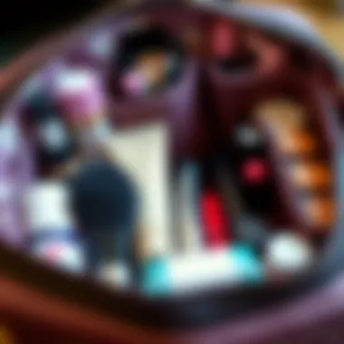 Organized interior of a cosmetic bag with various compartments and tools