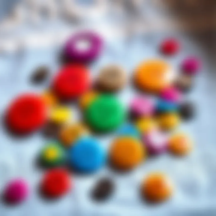 Vibrant DIY Picture Buttons Showcase Brightly colored DIY picture buttons displayed creatively on a fabric background