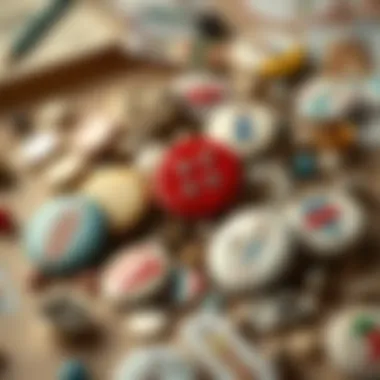 Essential Materials for Picture Button Crafting An assortment of materials required for creating picture buttons, including pins and images