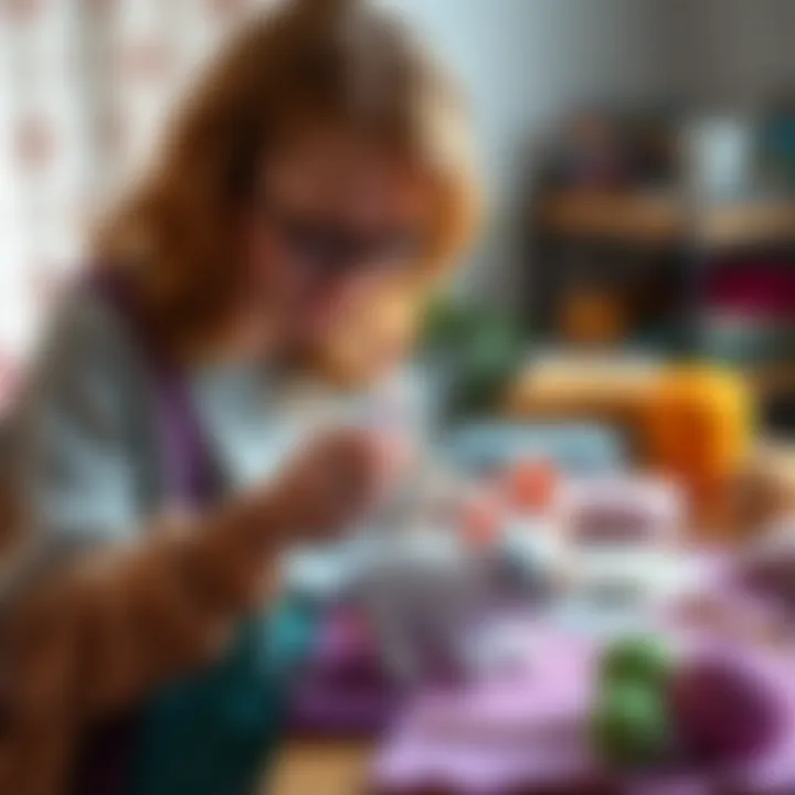 A beginner crocheter working on a project