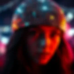 A close-up view of a sparkling disco ball headpiece reflecting light