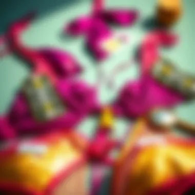 Eco-Friendly Shiny Bikinis and Fashion An artistic arrangement of shiny bikinis with eco-friendly labels