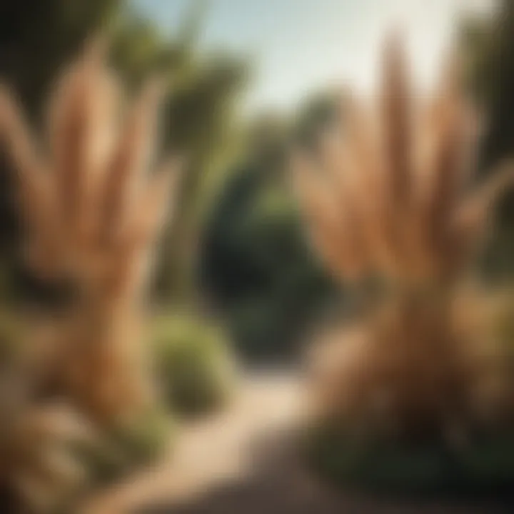 Outdoor decor featuring tall dried pampas grass in a garden