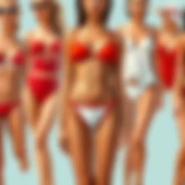A montage showcasing various styles of red and white bathing suits