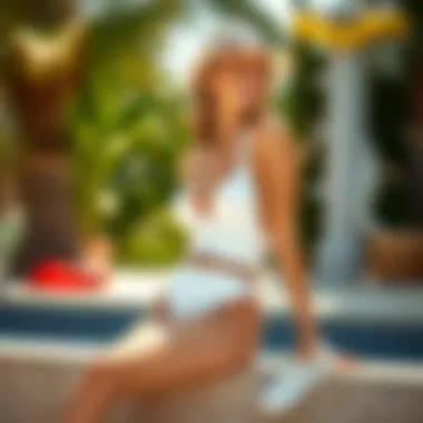 A classic white bathing suit elegantly styled with accessories