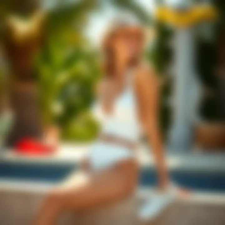 A classic white bathing suit elegantly styled with accessories