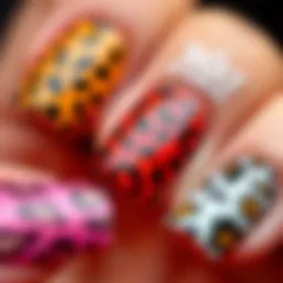 Close-up of vibrant animal print nail decals showcasing wild patterns