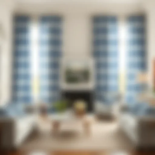 Elegant blue and white buffalo check curtains in a bright living room setting