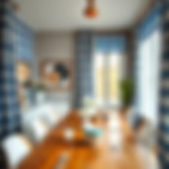 Stylish Dining Area with Blue and White Buffalo Check Curtains Stylish dining area adorned with blue and white buffalo check curtains