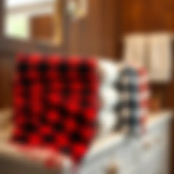 Artistic Arrangement of Buffalo Plaid Towels A collection of buffalo plaid towels arranged artistically on a vanity