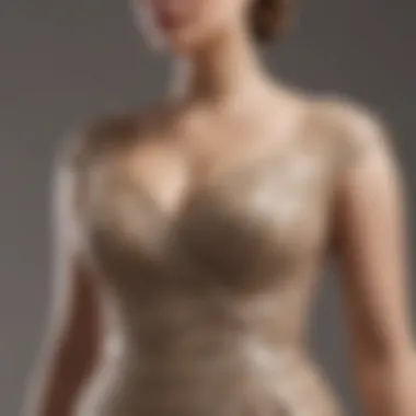 Exquisite Texture of Plus Size Elegance Elegant champagne dress displayed on a mannequin with rich fabric texture