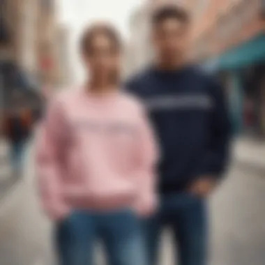 Stylishly dressed individuals wearing basic sweatshirts in an urban setting.