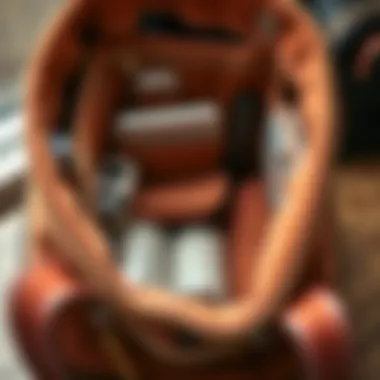 A neatly organized interior of a corduroy shoulder tote bag highlighting its functionality