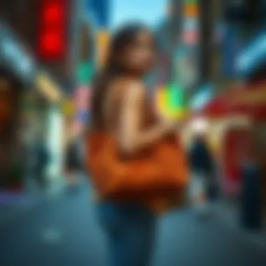 Stylish individual carrying a corduroy shoulder tote in a vibrant urban environment