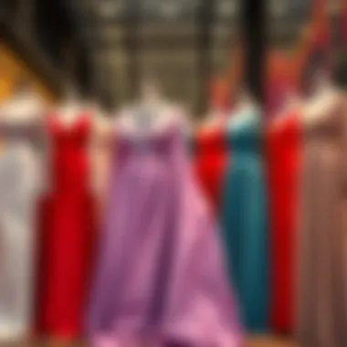 A variety of elegant modest evening dresses showcased in an array of colors.