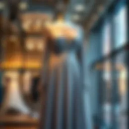 A stunning elegant modest evening dress displayed on a mannequin.