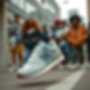 Cultural Impact of New Balance 327 Retro in Urban Fashion A group of diverse individuals wearing New Balance 327 Retro sneakers in an urban setting