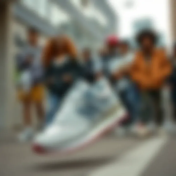 Cultural Impact of New Balance 327 Retro in Urban Fashion A group of diverse individuals wearing New Balance 327 Retro sneakers in an urban setting