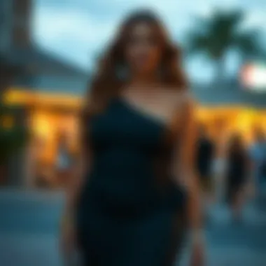 A stylish one-shoulder cocktail dress paired with accessories for a complete look.