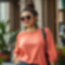 Trendy peach colored plus size top styled with accessories