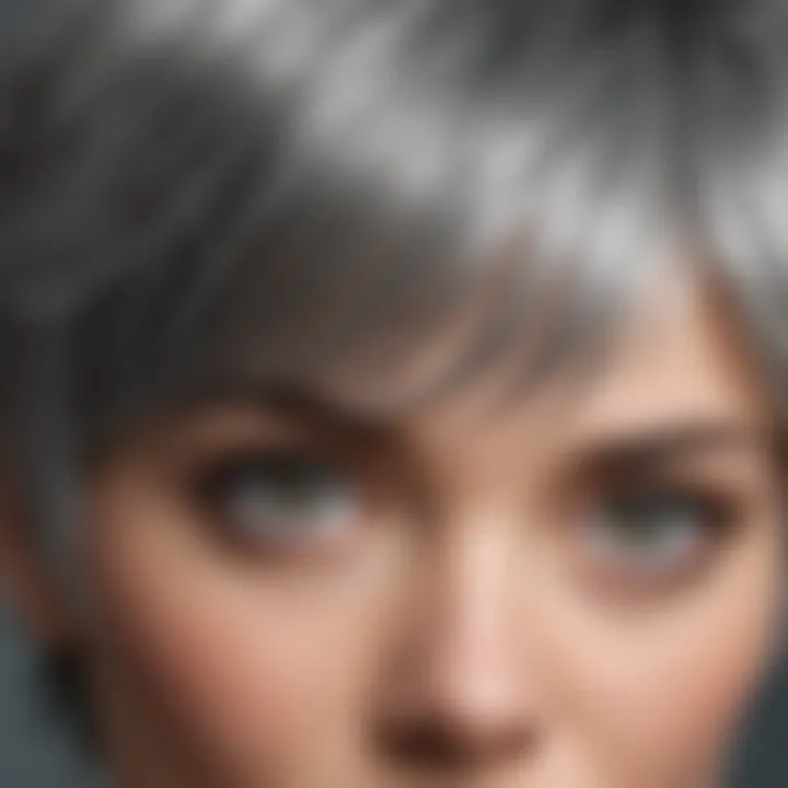 Close-up of the texture and layers of a short grey pixie wig