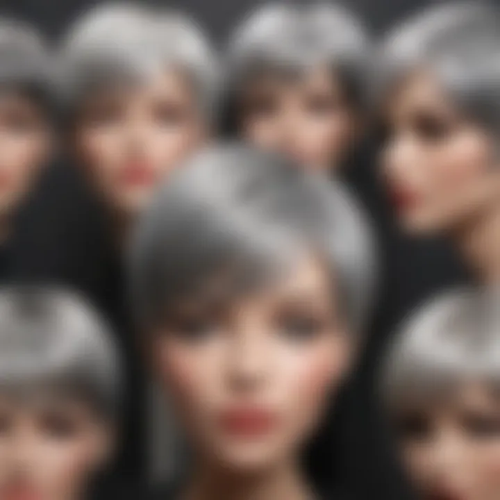 A collection of trendy short grey pixie wigs displayed on mannequins