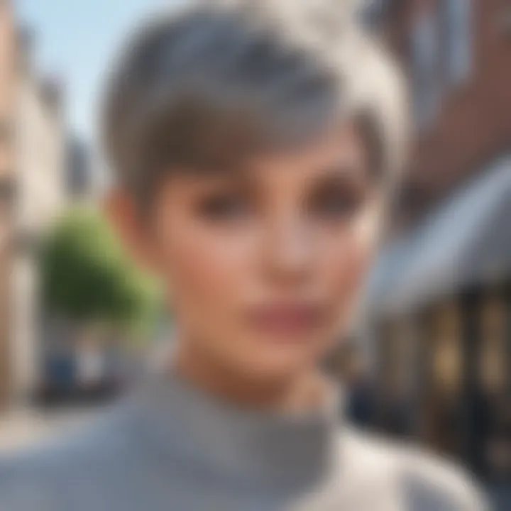 A stylish individual showcasing a short grey pixie wig in an outdoor setting