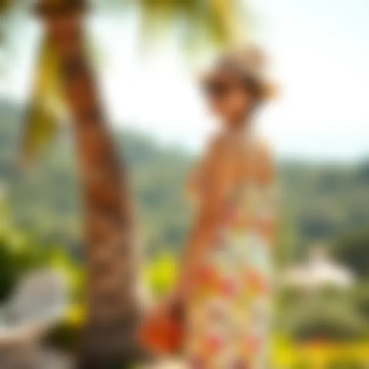 A scenic summer backdrop featuring a model wearing a stylish sun dress.