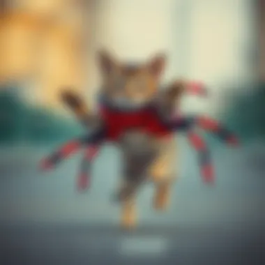 Cat prancing in a playful spider outfit, illustrating dynamic movement and fun