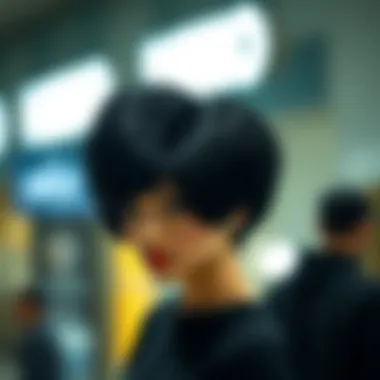 Modern and artistic black beehive wig worn by a celebrity