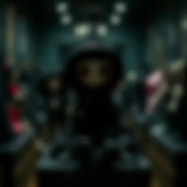 Gothic stuffies showcased as art pieces in a gallery