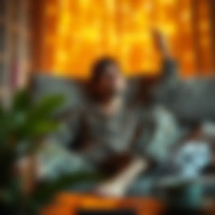 Fashionable individual lounging in leopard pajamas at home