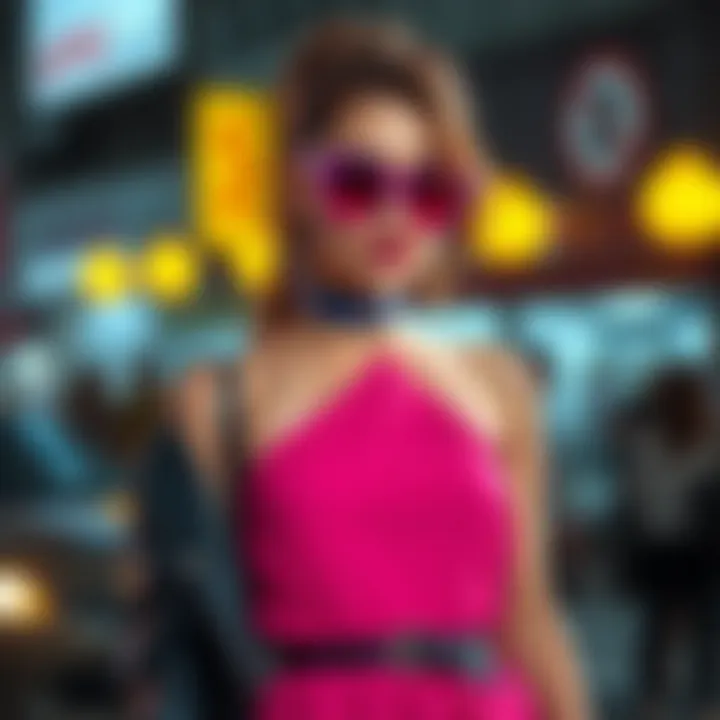 Stylish accessories complementing neon one shoulder dress