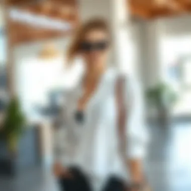 A chic outfit featuring a white shirt in a modern setting