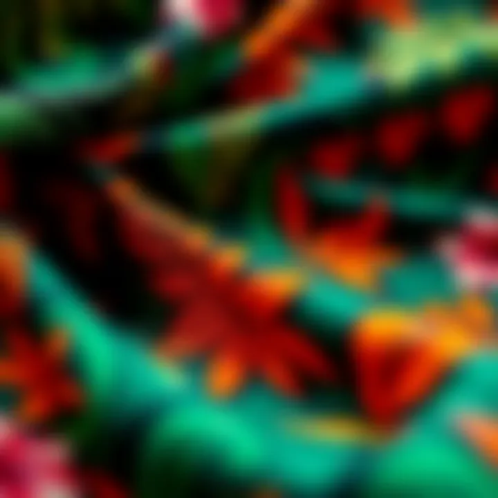 Intricate Tropical Fabric Patterns Close-up of fabric showcasing intricate tropical patterns