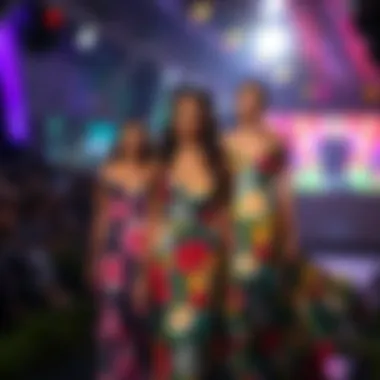 Tropical Prints on the Runway Fashion show featuring models in tropical print evening gowns