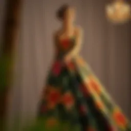 Vibrant tropical print evening gown displayed elegantly