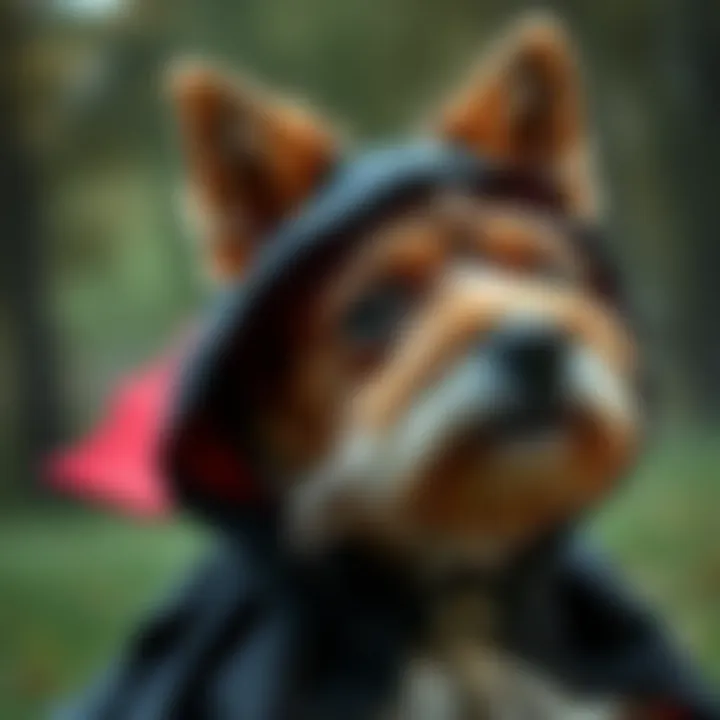Close-up of a vampire cape with detailed craftsmanship on a dog.