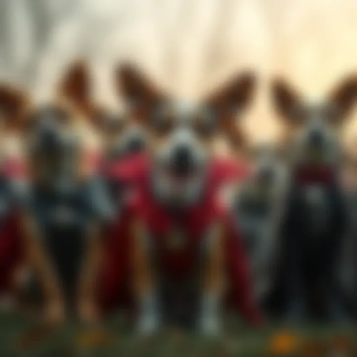 A group of dogs donning various vampire costumes for a playful photo shoot.