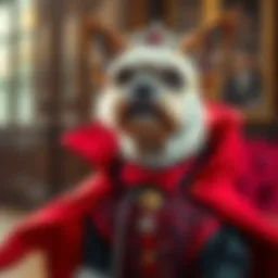 A regal dog dressed in a vibrant vampire costume showcasing intricate designs.