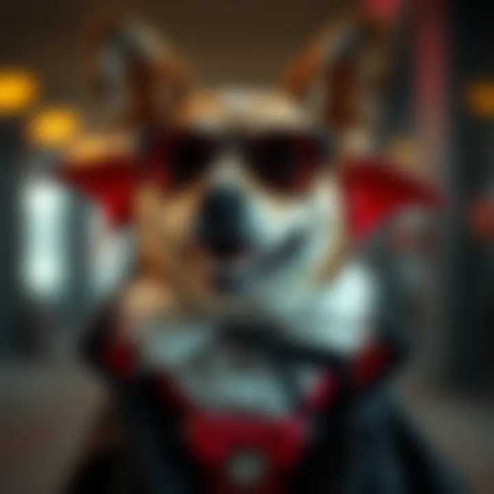 A stylish dog wearing a vampire-themed accessory, showcasing fashion elements.