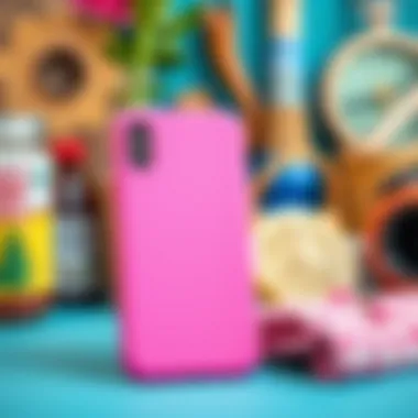 Eco-Conscious Bright Pink Accessory Bright pink iPhone case against a backdrop of eco-friendly lifestyle items