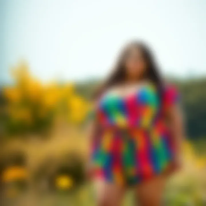 An outdoor scene of a plus size individual confidently wearing a colorful romper.