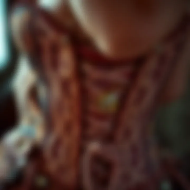 Detailed view of an intricately designed corset showcasing historical patterns